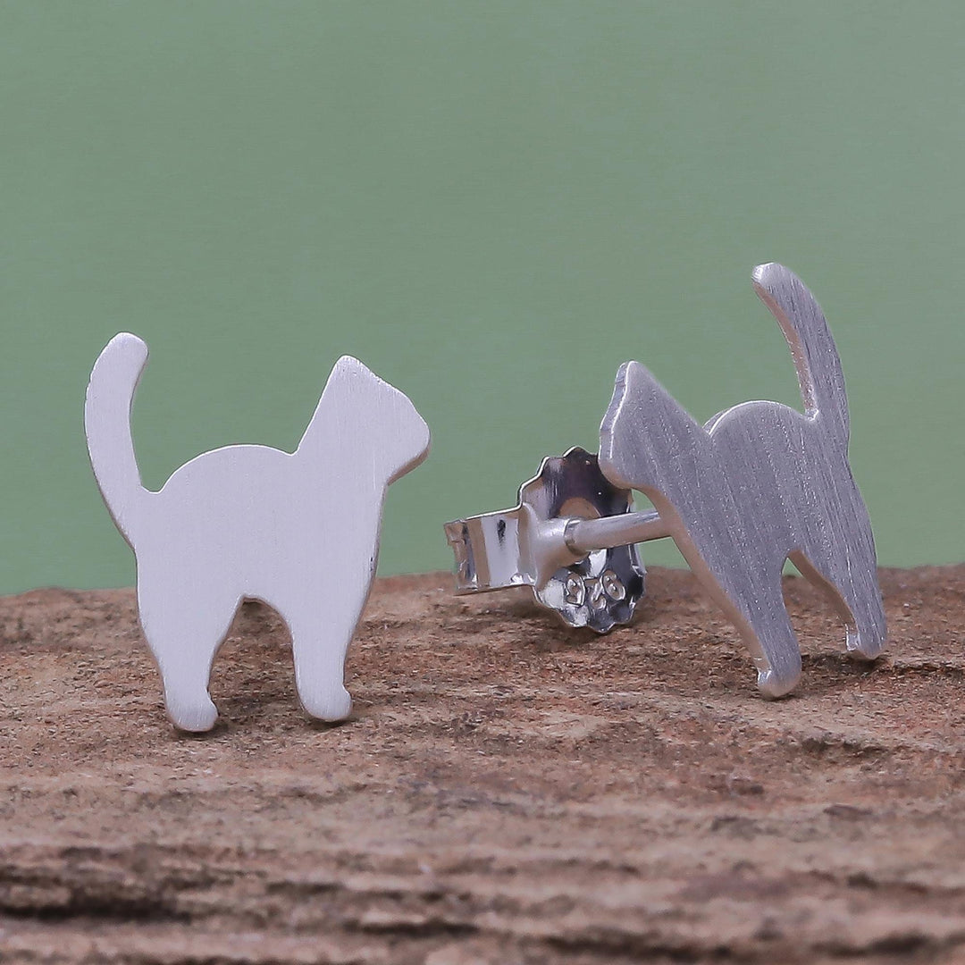 Brushed-Satin Sterling Silver Cat Stud Earrings - Standing Cat