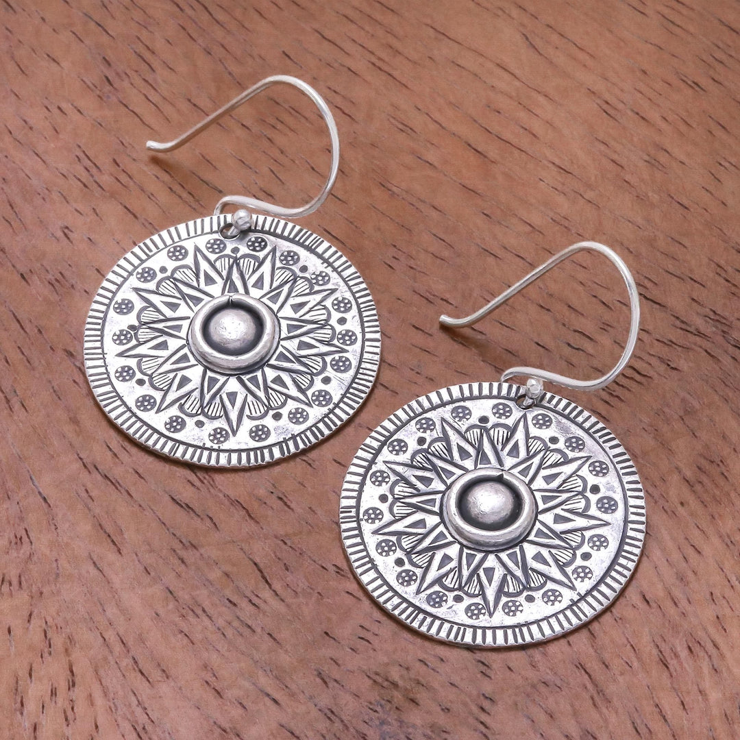Circular Karen Silver Dangle Earrings - Powerful Sun