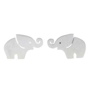 Sterling Silver Elephant Stud Earrings with Curled Trunks - Curled Trunks