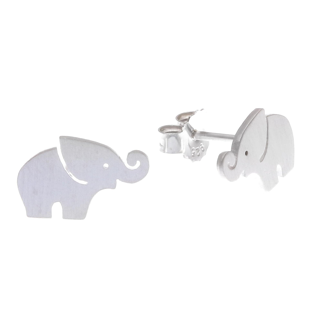 Sterling Silver Elephant Stud Earrings with Curled Trunks - Curled Trunks