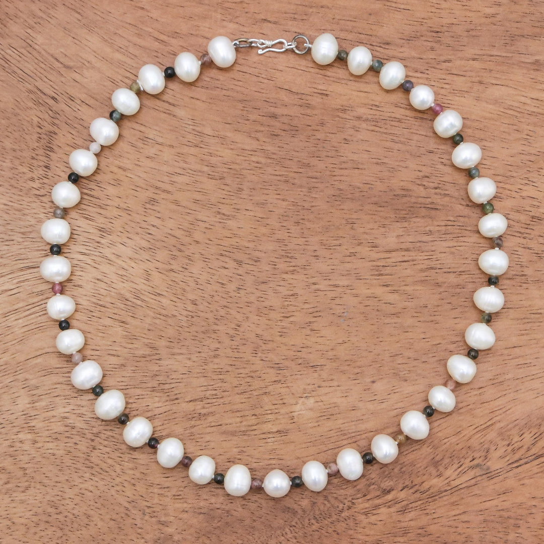 Cultured Pearl and Tourmaline Beaded Necklace from Thailand - Colorful Palace