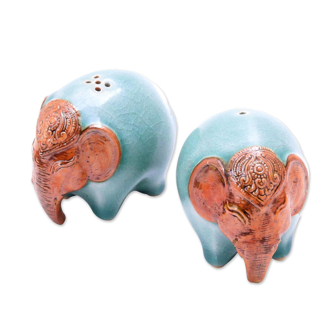 Celadon Ceramic Elephant Salt and Pepper Shakers (Pair) - Round Elephants in Green