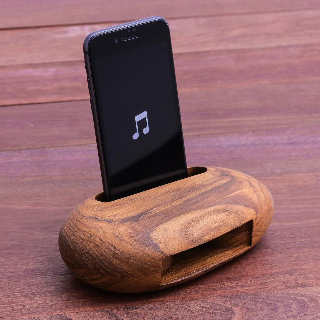 Egg-Shaped Teak Wood Phone Speaker from Thailand - Rock Out