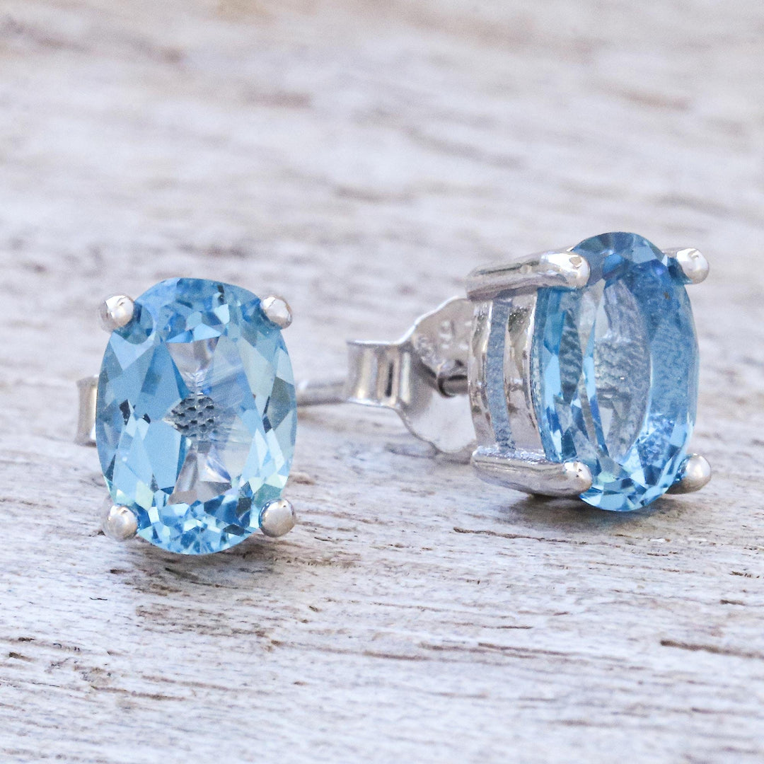 Faceted Blue Topaz Stud Earrings from Thailand - London Ovals