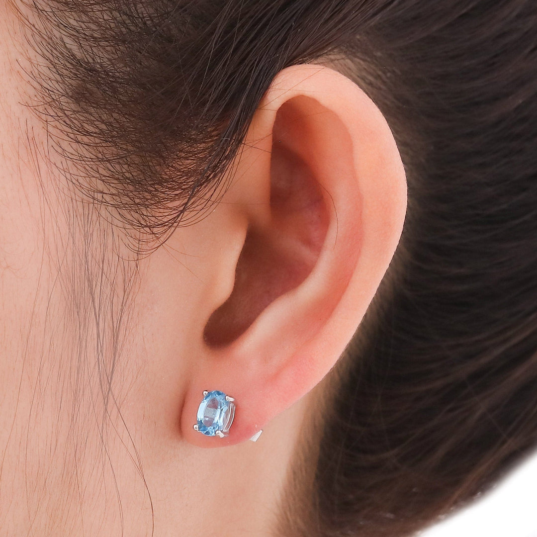 Faceted Blue Topaz Stud Earrings from Thailand - London Ovals