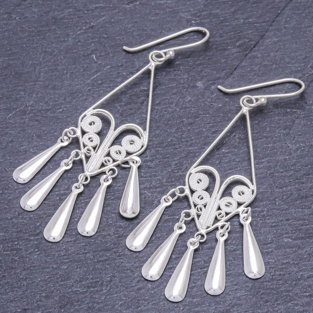 Handmade Sterling Silver Filigree Chandelier Earrings - Diamond Fountains