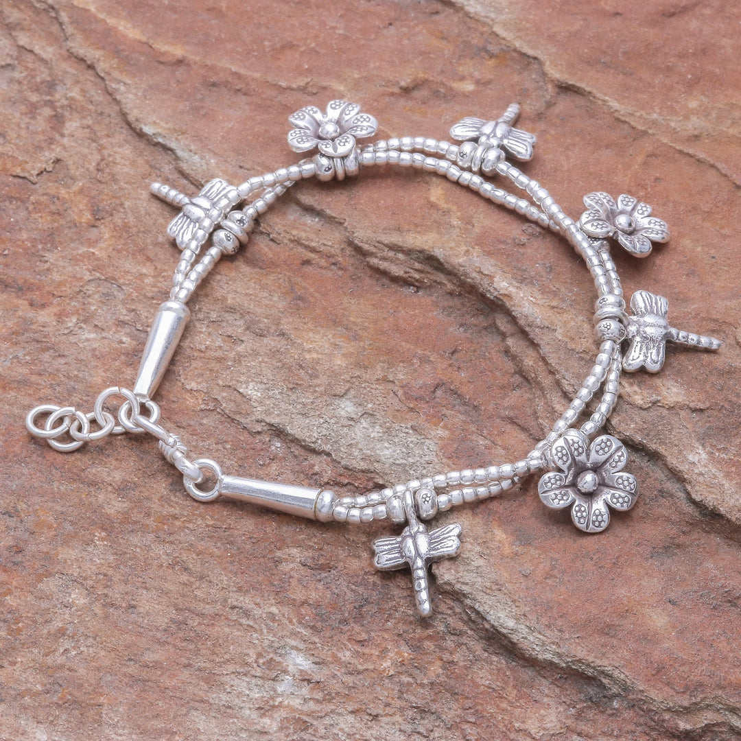 Karen Silver Double Strand Beaded Dragonfly Charm Bracelet - Dragonfly Meadow