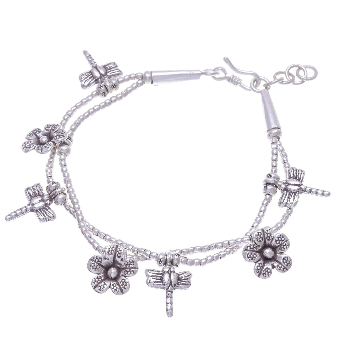 Karen Silver Double Strand Beaded Dragonfly Charm Bracelet - Dragonfly Meadow