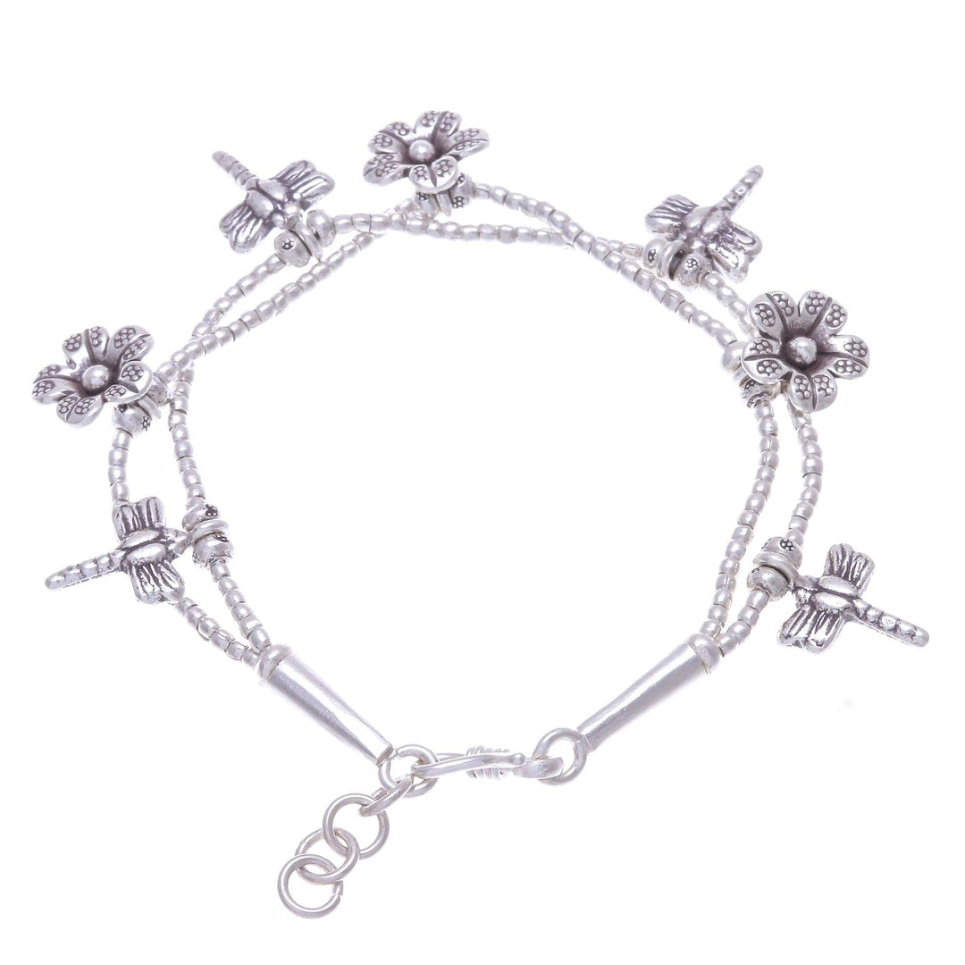 Karen Silver Double Strand Beaded Dragonfly Charm Bracelet - Dragonfly Meadow