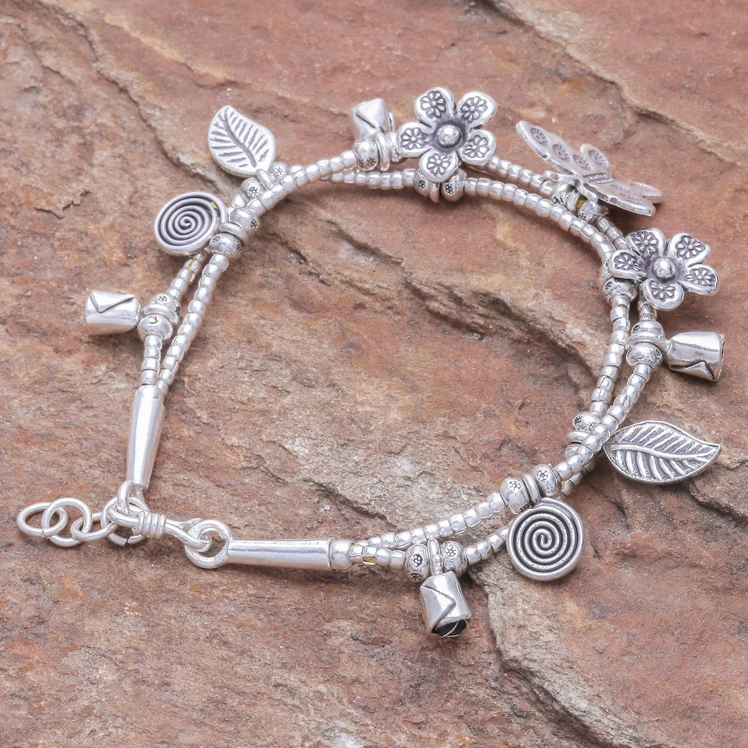 Karen Silver Double Strand Beaded Dragonfly Charm Bracelet - Butterfly Meadow