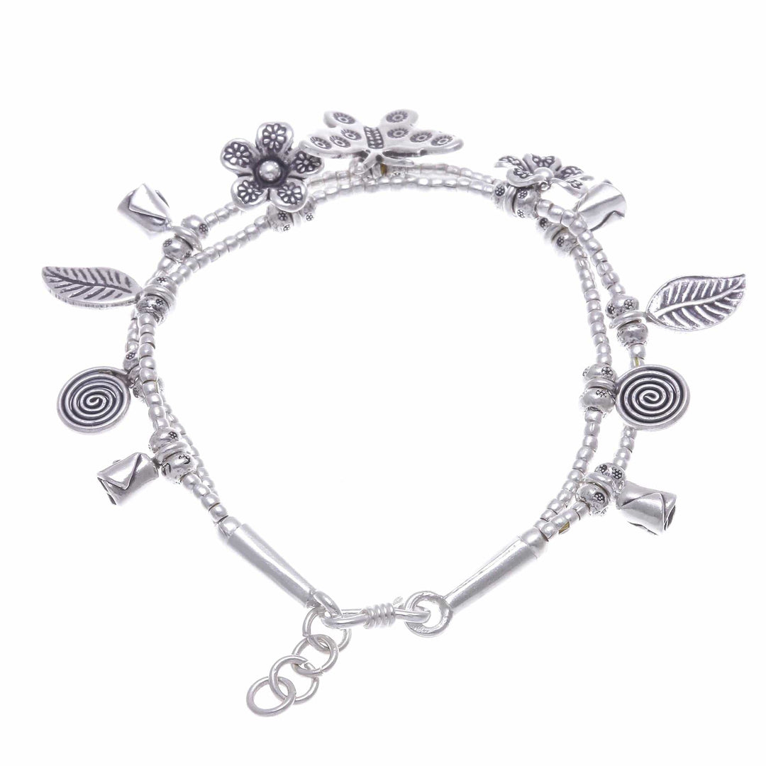 Karen Silver Double Strand Beaded Dragonfly Charm Bracelet - Butterfly Meadow