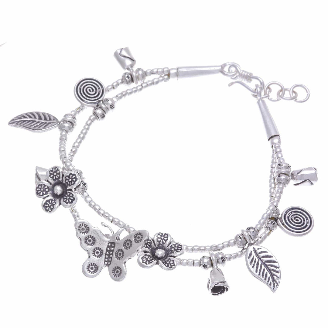 Karen Silver Double Strand Beaded Dragonfly Charm Bracelet - Butterfly Meadow