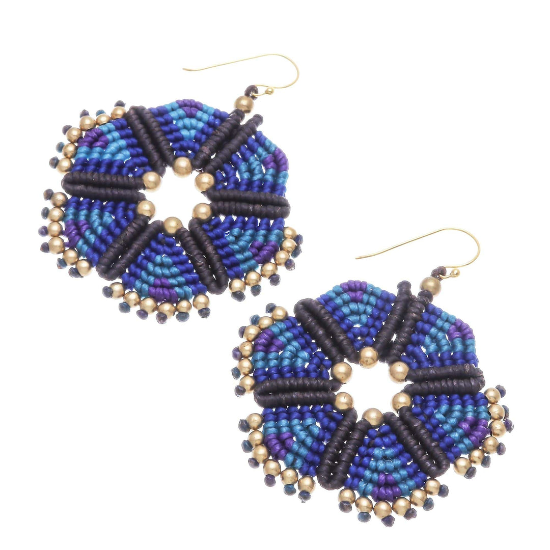 Round Hand-Knotted Dangle Earrings in Blue from Thailand - Fantastic Delight in Blue