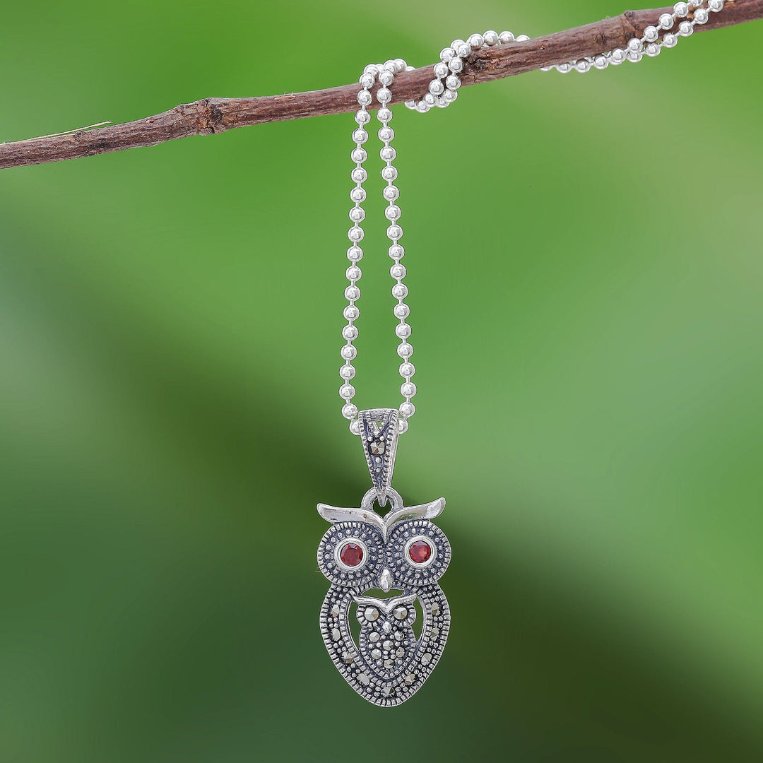 Sterling Silver Owl Necklace with Garnet and Marcasite - Mother Owl with Owlet