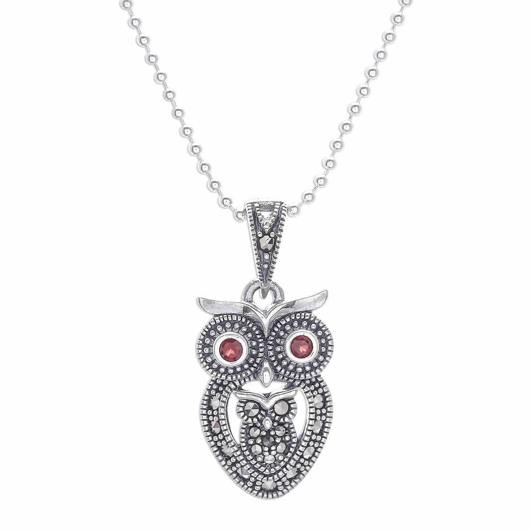 Sterling Silver Owl Necklace with Garnet and Marcasite - Mother Owl with Owlet