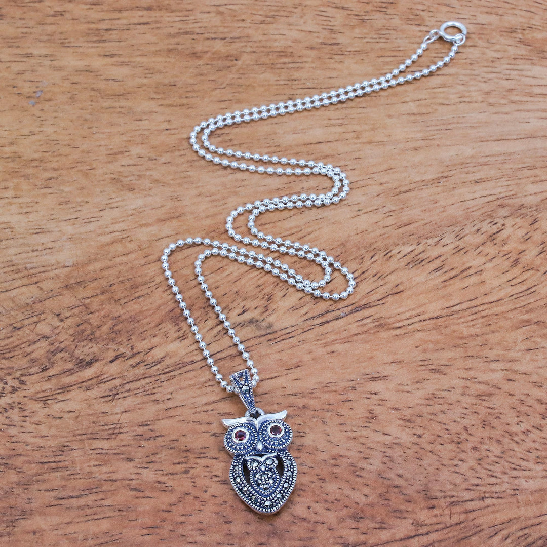 Sterling Silver Owl Necklace with Garnet and Marcasite - Mother Owl with Owlet