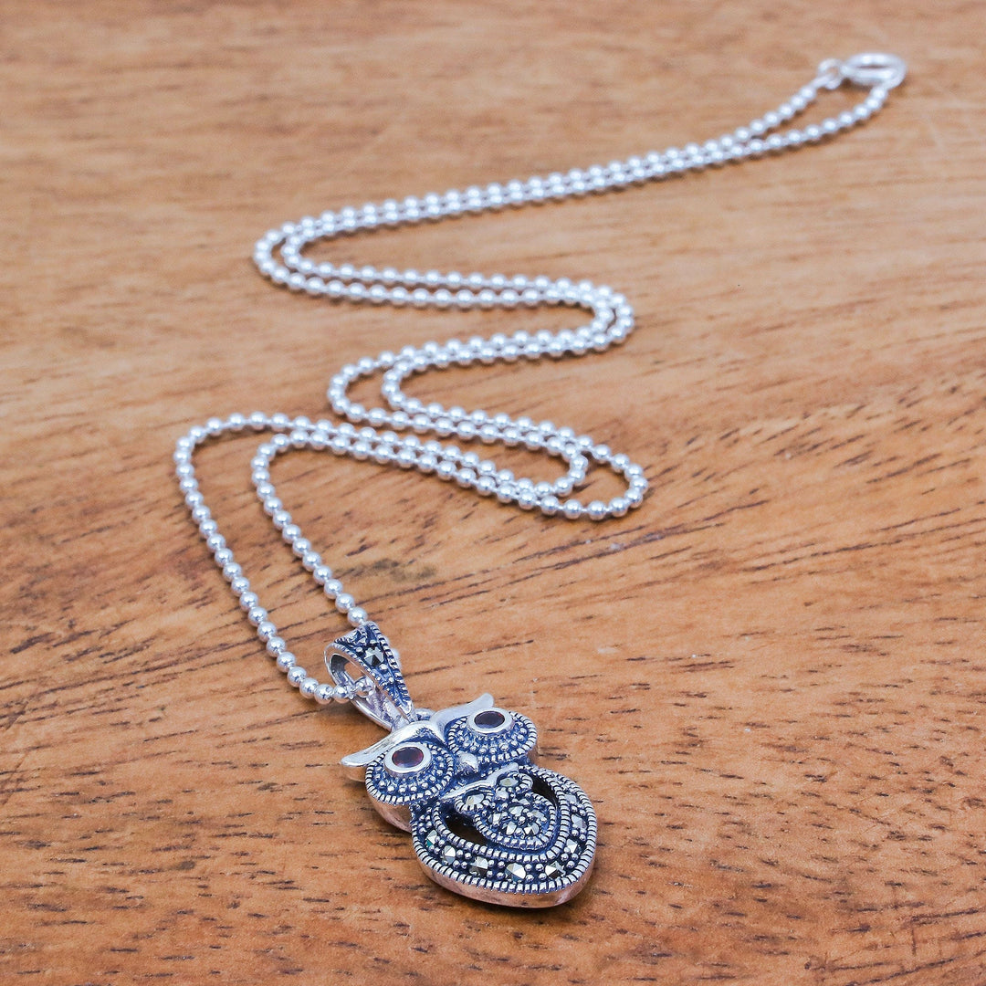 Sterling Silver Owl Necklace with Garnet and Marcasite - Mother Owl with Owlet