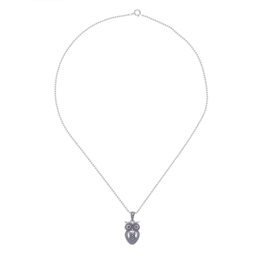 Sterling Silver Owl Necklace with Garnet and Marcasite - Mother Owl with Owlet