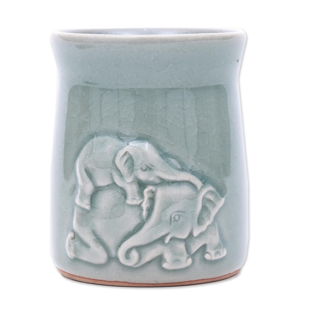 Elephant Motif Celadon Ceramic Mug from Thailand - Elephant Play