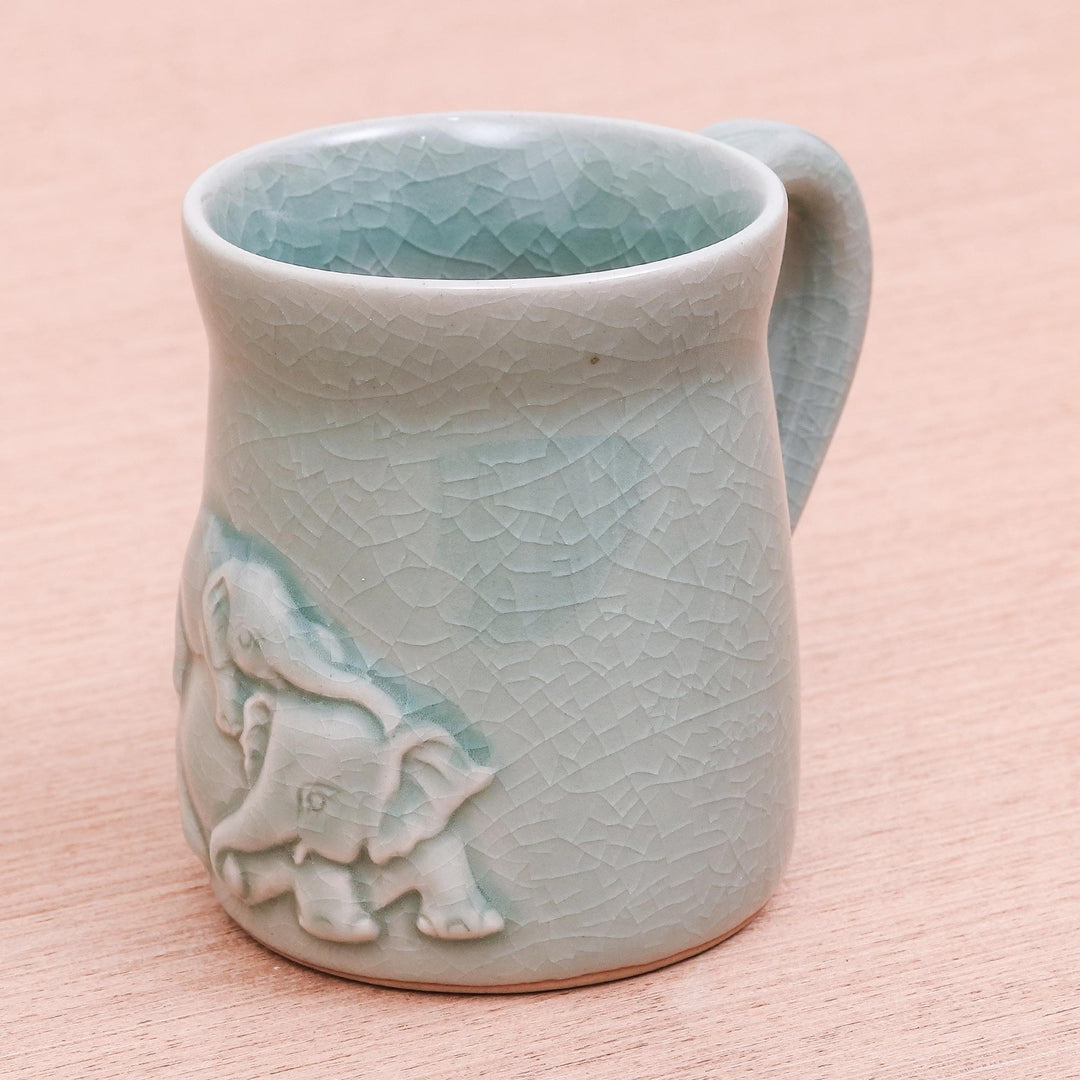 Elephant Motif Celadon Ceramic Mug from Thailand - Elephant Play