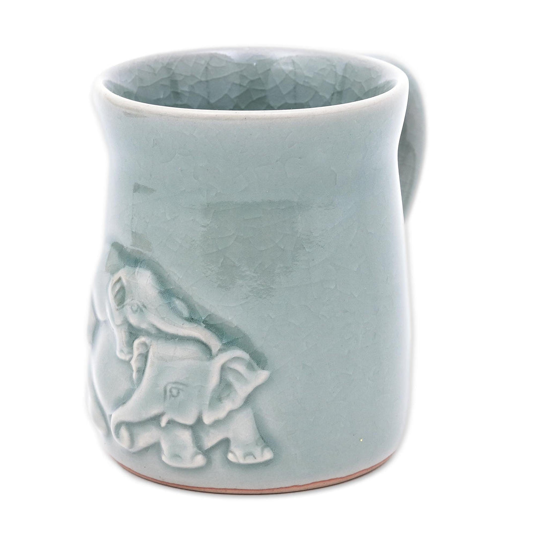 Elephant Motif Celadon Ceramic Mug from Thailand - Elephant Play