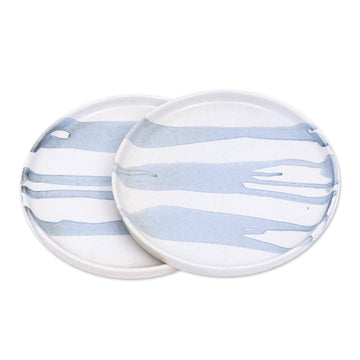Small White and Blue Ceramic Dessert Plates - Set of 2