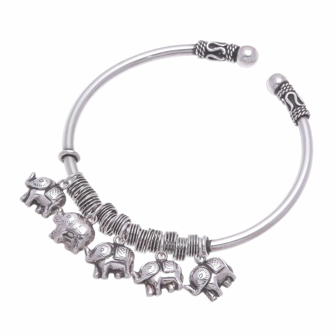Elephant Charm Cuff Crafted in Sterling Silver - Parade of Pachyderms