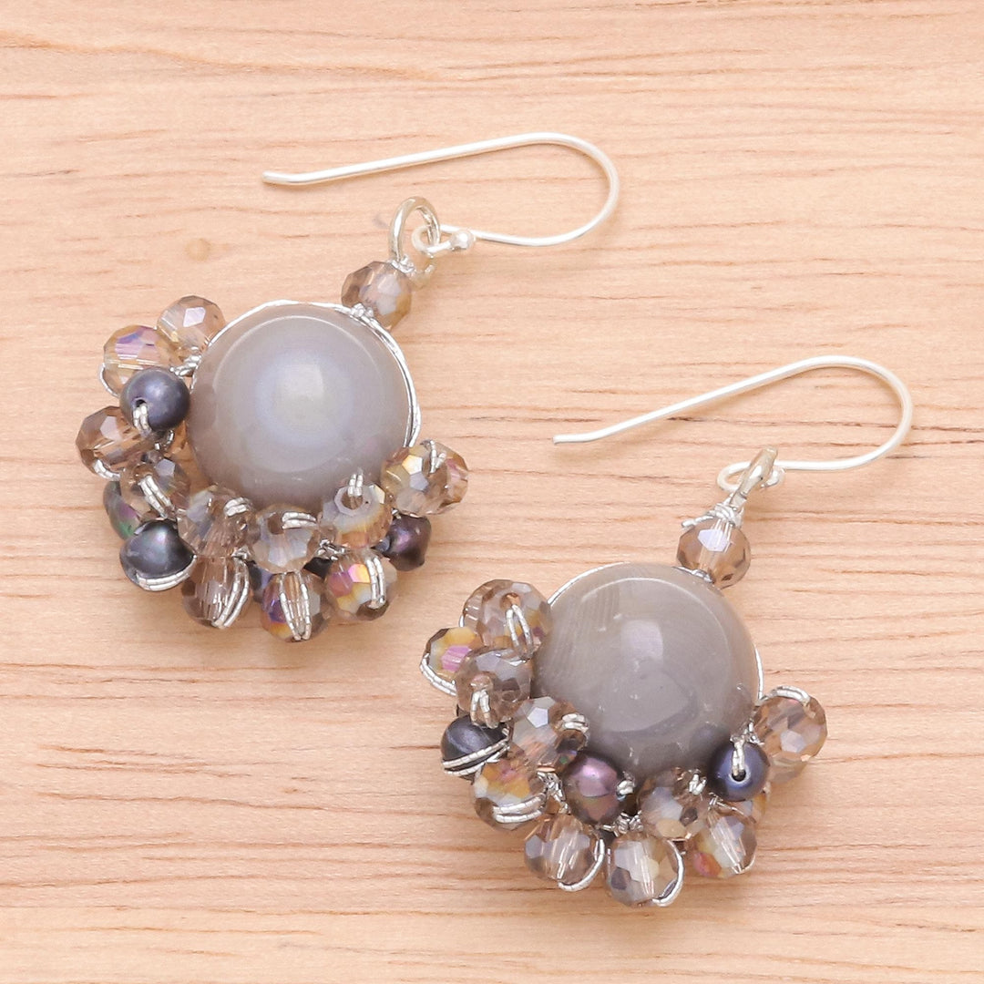 Grey Agate and Cultured Pearl Dangle Earrings - Vivid Dream in Grey