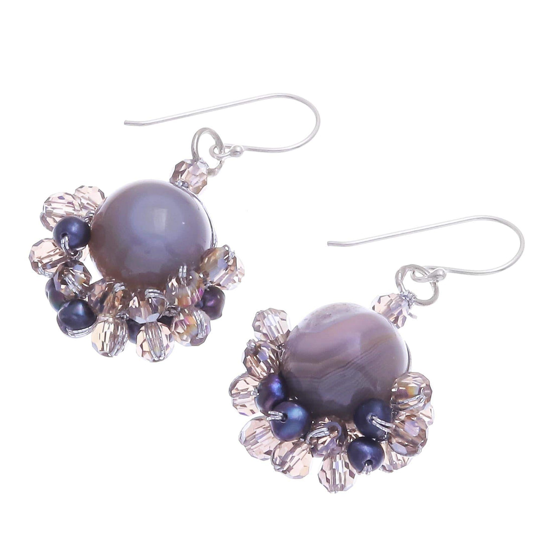 Grey Agate and Cultured Pearl Dangle Earrings - Vivid Dream in Grey