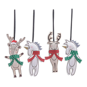 Unicorn and Deer Cotton Ornaments - Set of 4 - Unicorns and Deer