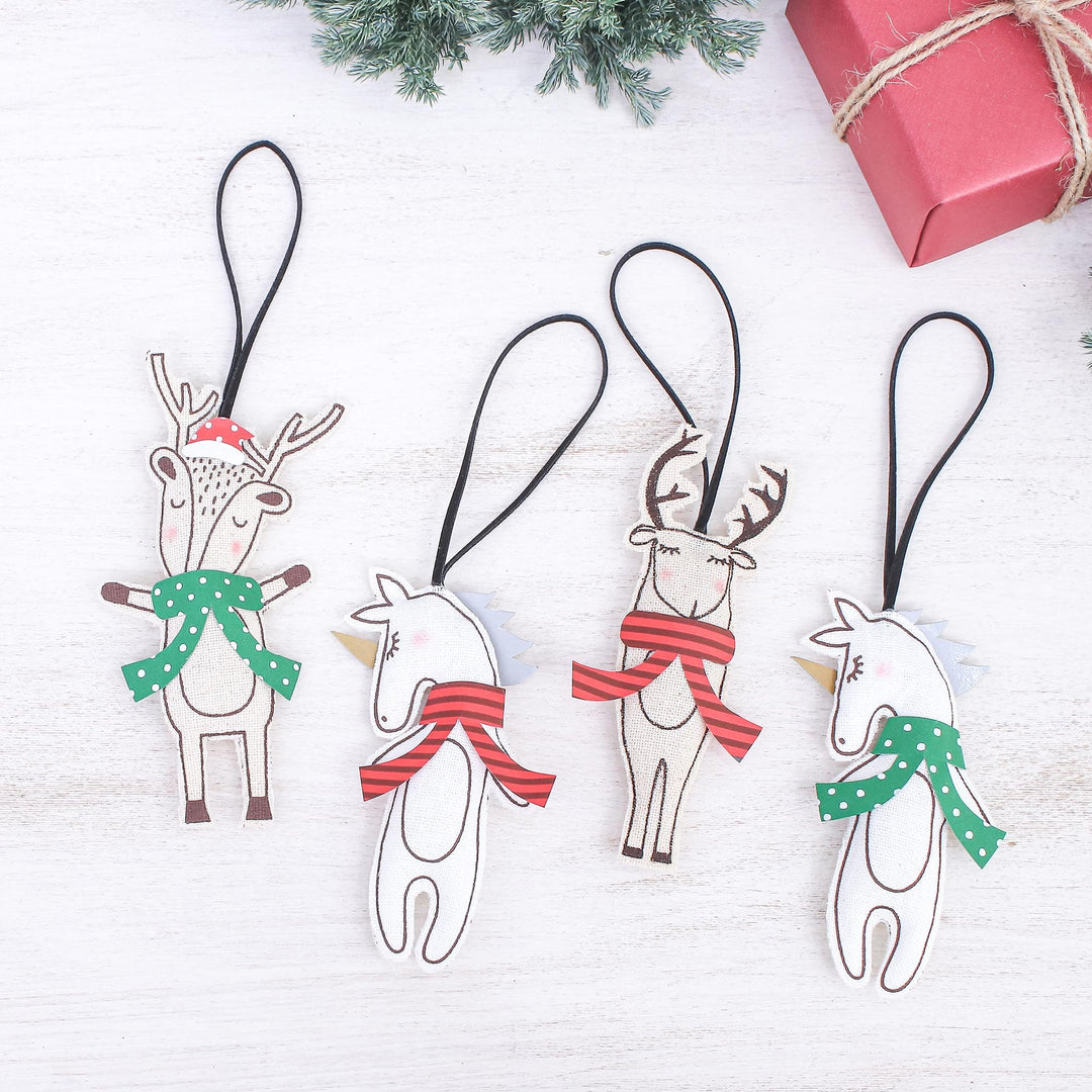 Unicorn and Deer Cotton Ornaments - Set of 4 - Unicorns and Deer