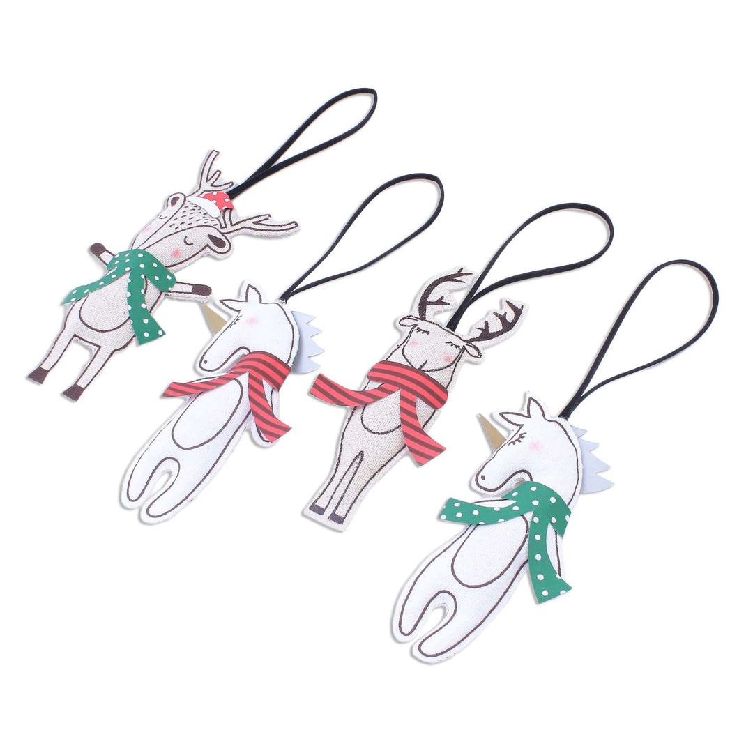 Unicorn and Deer Cotton Ornaments - Set of 4 - Unicorns and Deer