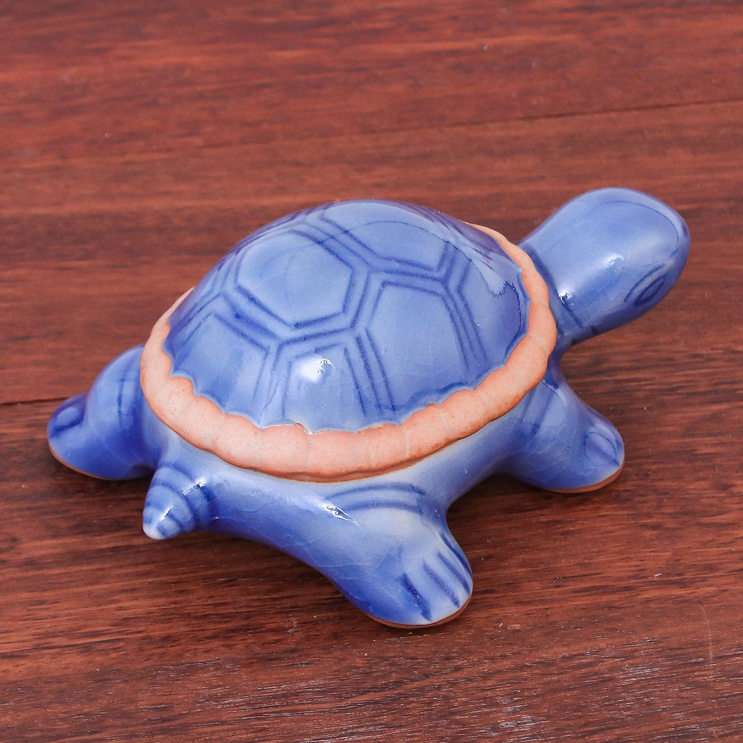 Handmade Celadon Ceramic Turtle Decorative Box - Blue Turtle