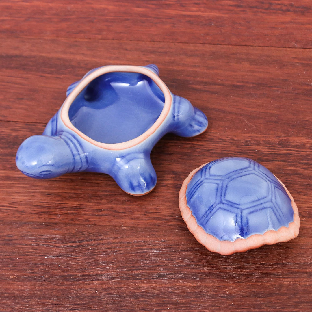Handmade Celadon Ceramic Turtle Decorative Box - Blue Turtle