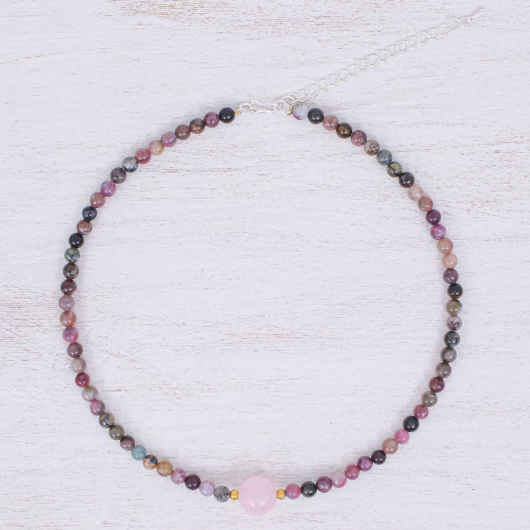 Hand Made Tourmaline and Rose Quartz Beaded Necklace - Precious Orb in Rose