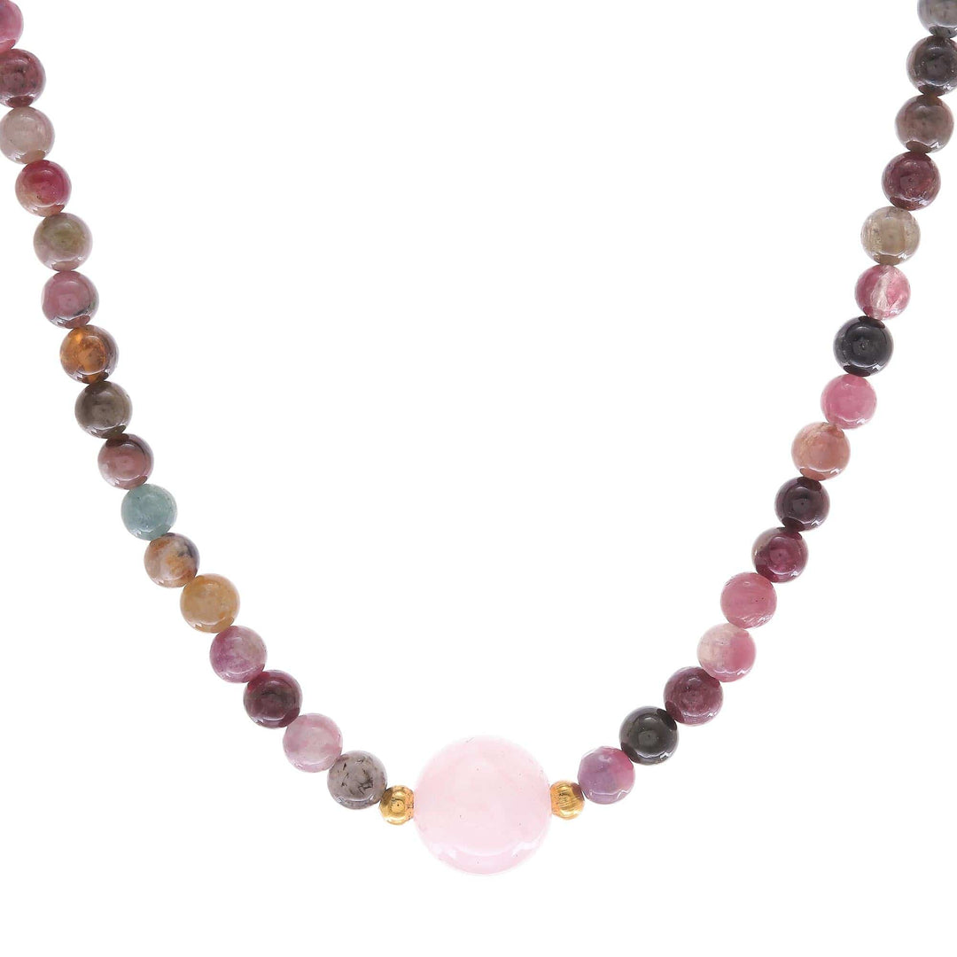 Hand Made Tourmaline and Rose Quartz Beaded Necklace - Precious Orb in Rose