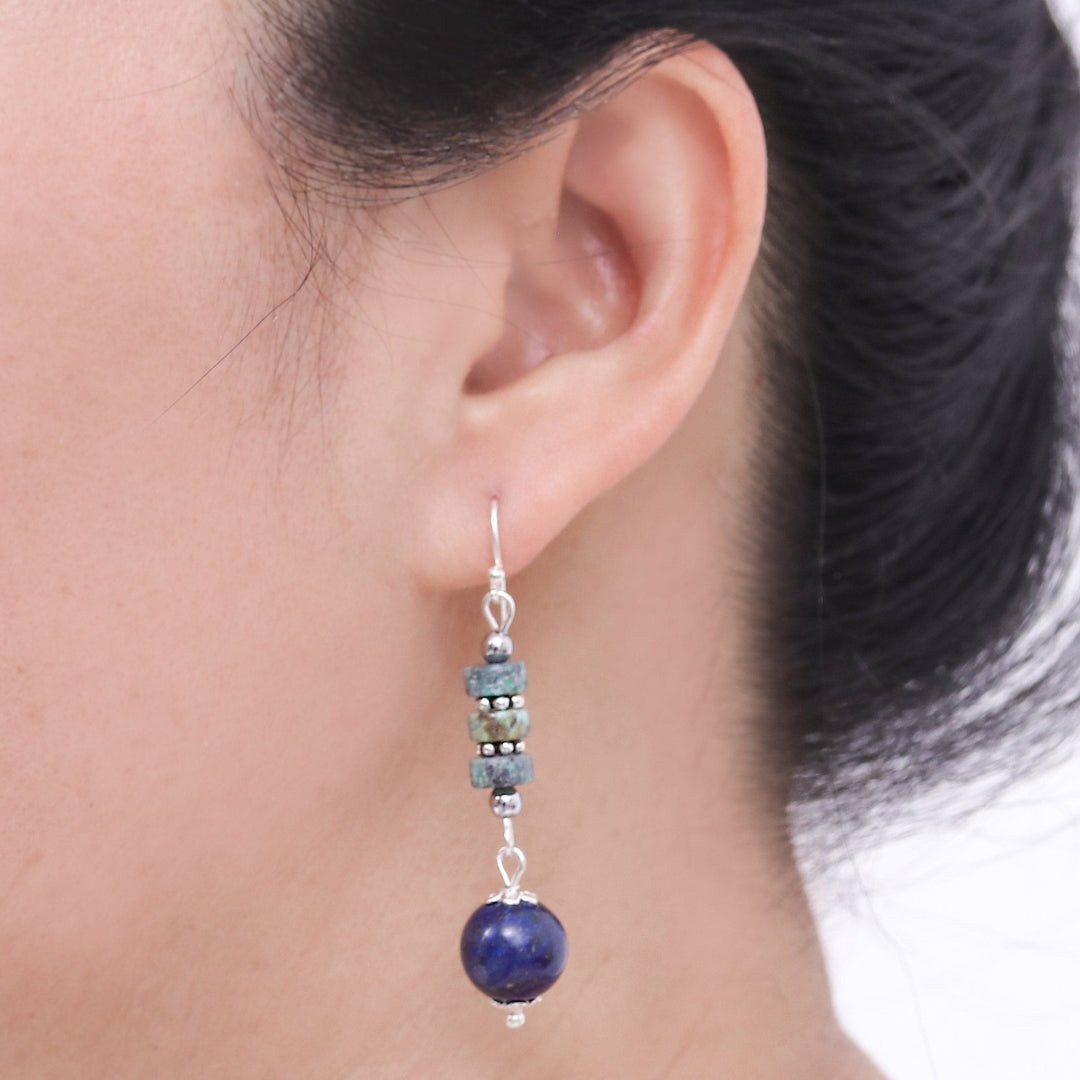 Handmade Lapis Lazuli and Hematite Dangle Earrings - Earth Orbit