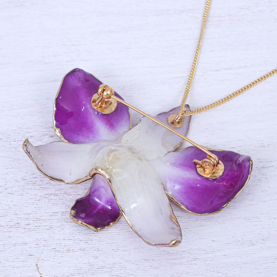 Hand Crafted Orchid Petal Pendant Necklace and Brooch - Orchid Magic in Purple