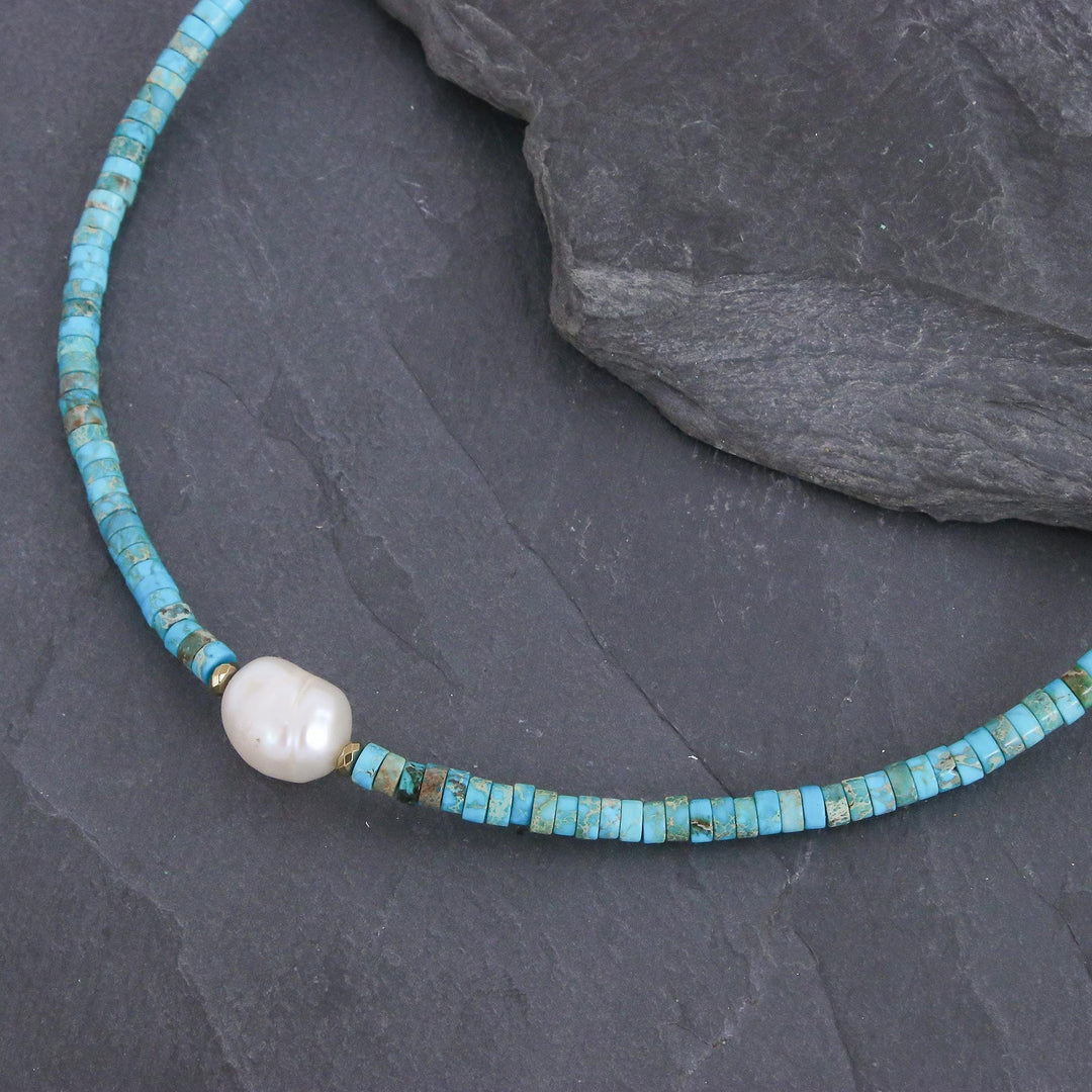 Handmade Hematite and Cultured Pearl Pendant Necklace - Beach Vacation