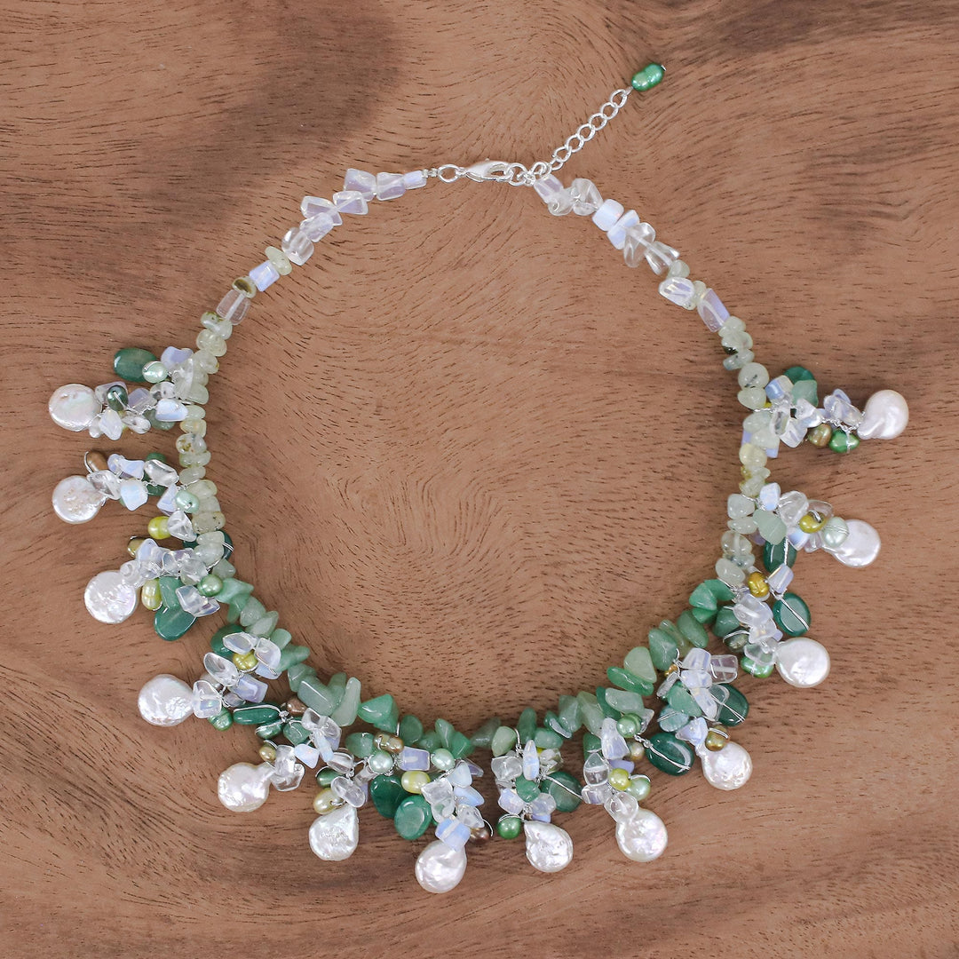 Rainbow Moonstone and Cultured Pearl Waterfall Necklace - Underwater Kiss