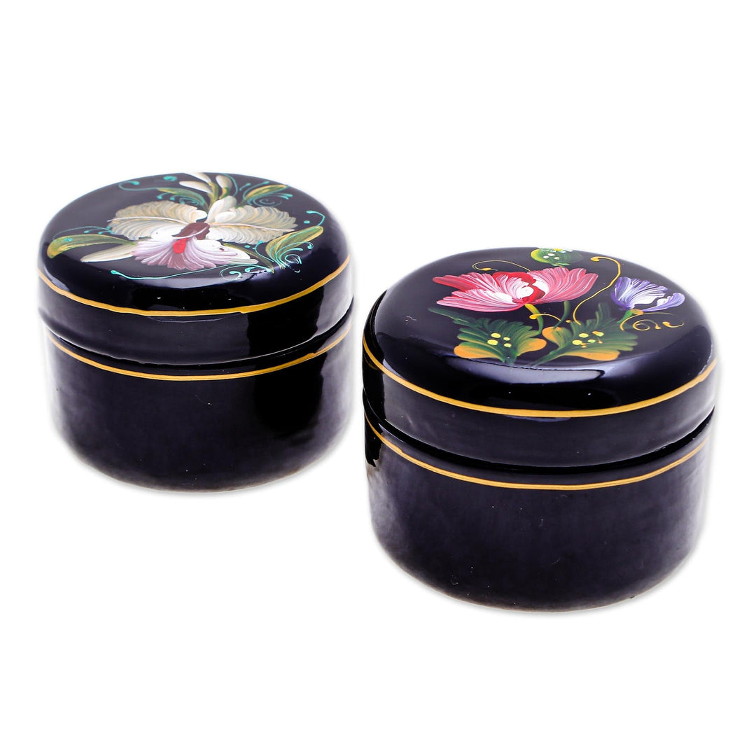 Hand Painted Lacquerware Wood Boxes (Pair) - Orchid and Poppy