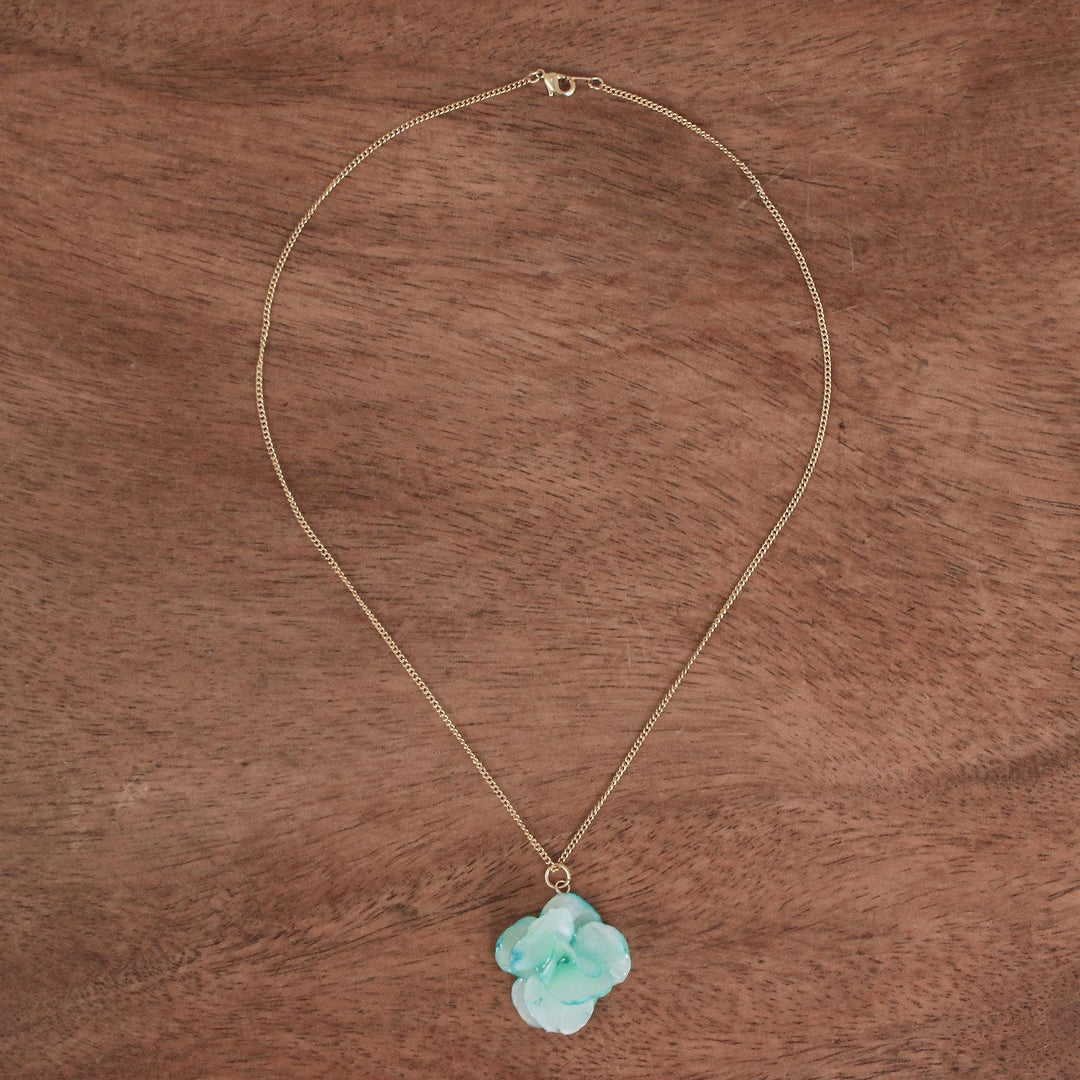 Gold-Accented Hydrangea Petal Pendant Necklace - Sea Hydrangea