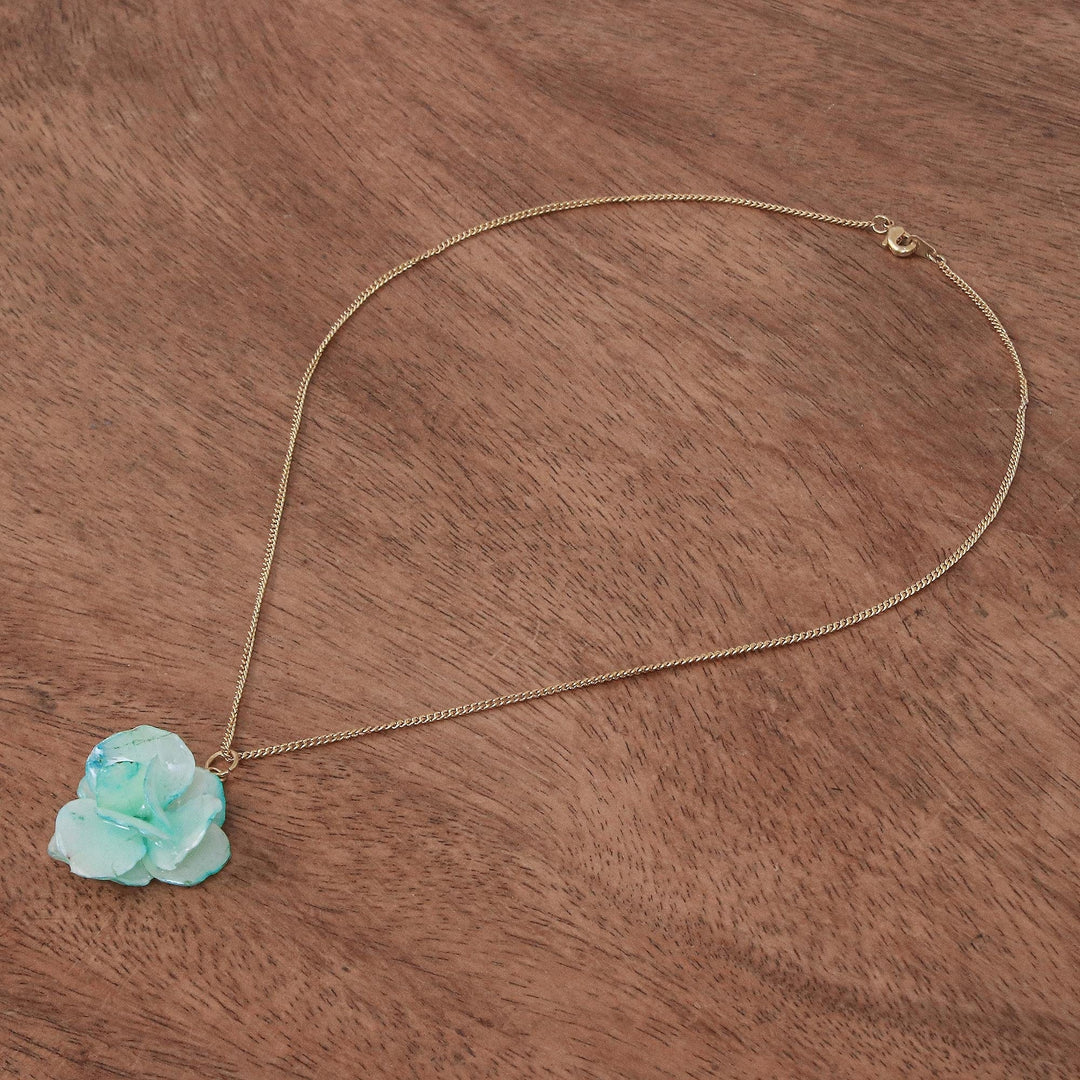 Gold-Accented Hydrangea Petal Pendant Necklace - Sea Hydrangea