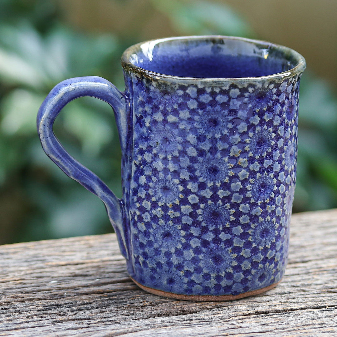 Handmade Blue Ceramic Mug from Thailand - Blue Medallion