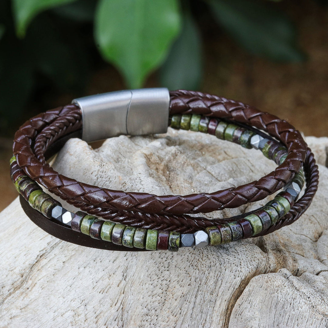 Braided Leather Hematite and Jasper Cord Bracelet - Green Coffee