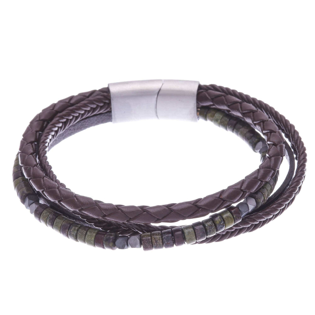 Braided Leather Hematite and Jasper Cord Bracelet - Green Coffee