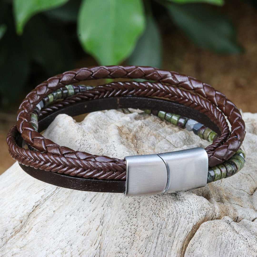 Braided Leather Hematite and Jasper Cord Bracelet - Green Coffee