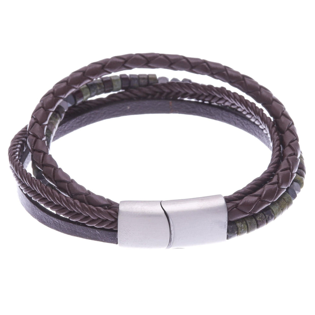 Braided Leather Hematite and Jasper Cord Bracelet - Green Coffee