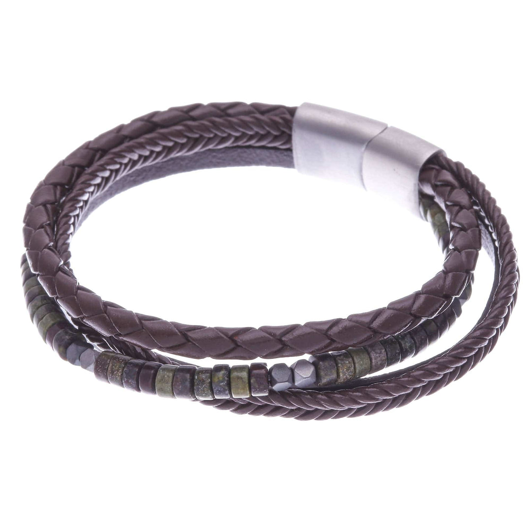 Braided Leather Hematite and Jasper Cord Bracelet - Green Coffee