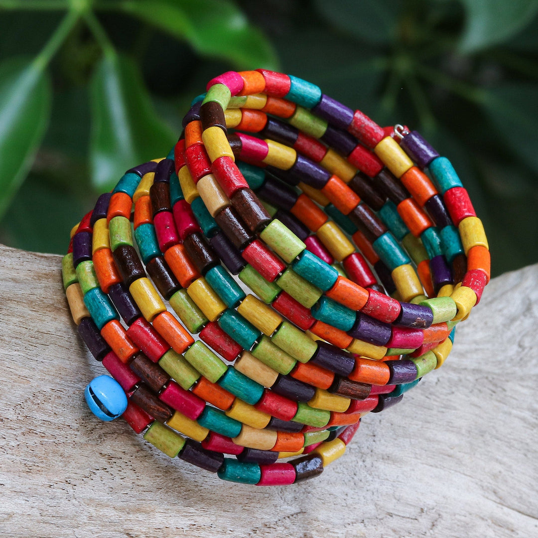 Multicolor Wood Cylinder Beaded Wrap Bracelet with Bells (2 - Confetti Spin